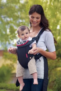 mother wearing infantino swift classic baby carrier