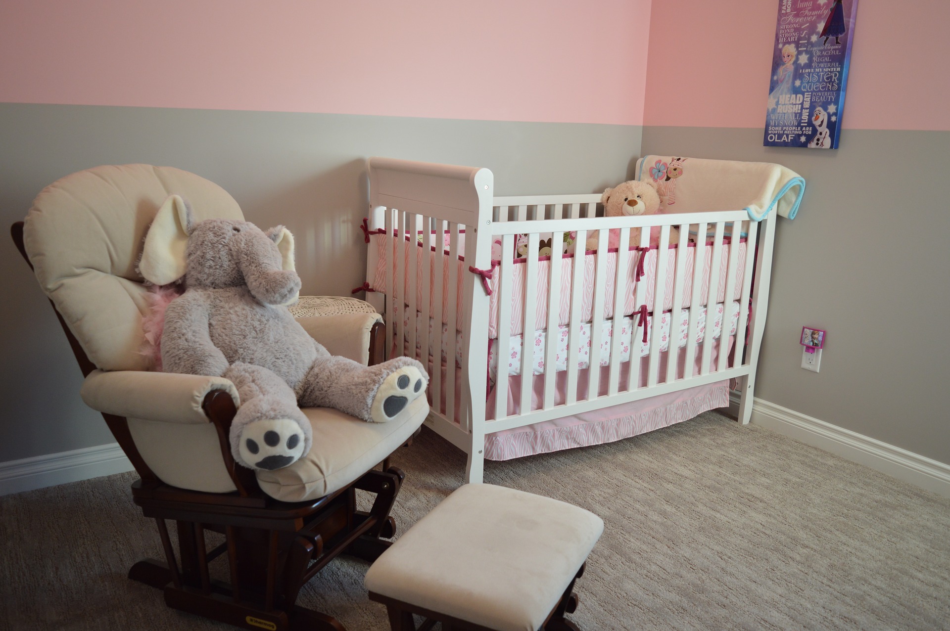 Baby nursery room cot and breastfeeding chair sleep options for baby